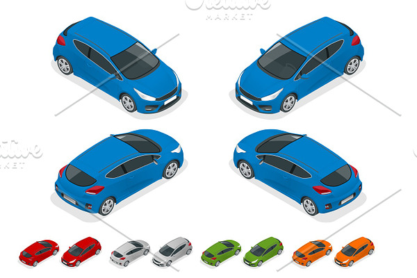 Isometric Sportcar or hatchback vehicle. SUV car set on white background, template for branding and advertising.