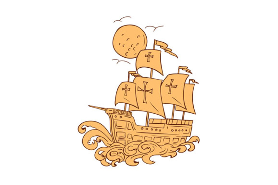 Caravel Sailing Ship Moon Drawing in Illustrations - product preview 8