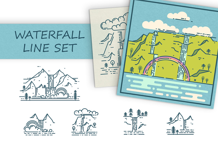 Waterfall and mountains ladscape set in Illustrations - product preview 8