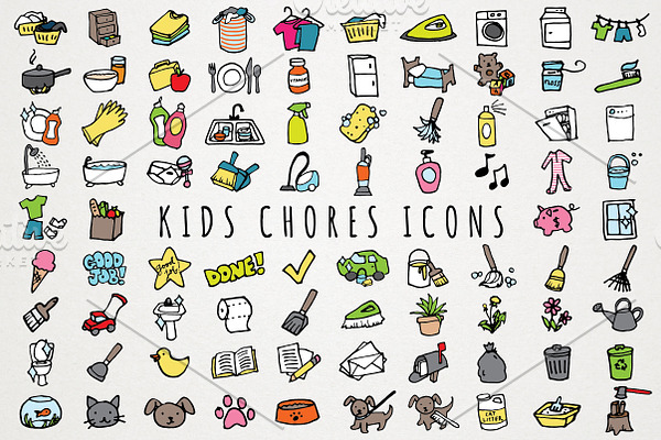 Fun Hand Drawn Kids Chores Icons Set