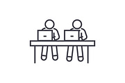 coworking, working at laptops linear icon, sign, symbol, vector on isolated background