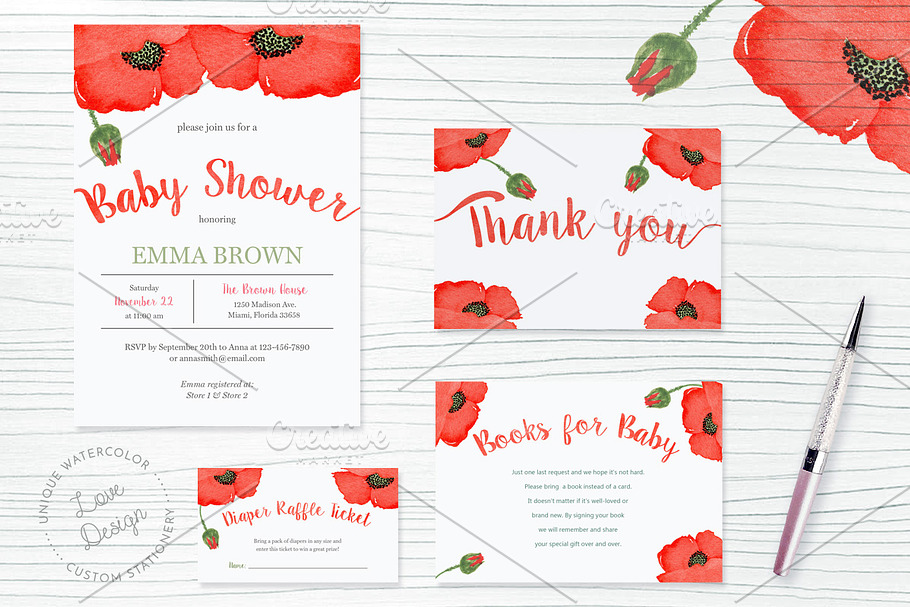 Watercolor Poppy Baby Shower Set in Card Templates - product preview 8