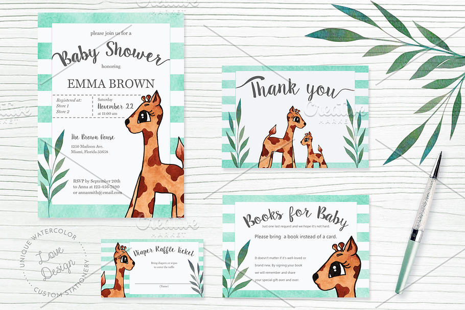 Watercolor Giraffe Baby Shower Set in Card Templates - product preview 8