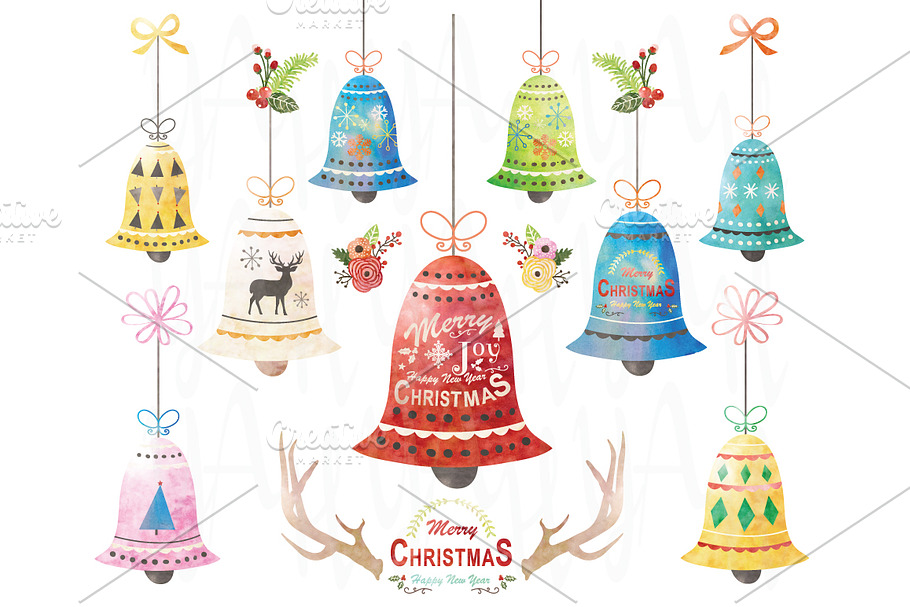Watercolor Christmas Bell Set