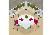 Table with chairs for cafes. Modern table and chairs on white background. Street cafe. Flat 3d vector isometric illustration.