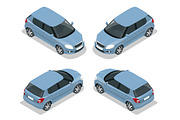 Hatchback car. Flat 3d vector isometric illustration. High quality city transport icon. 