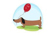 Greeting  card, cute dog dachshund with balloon. 