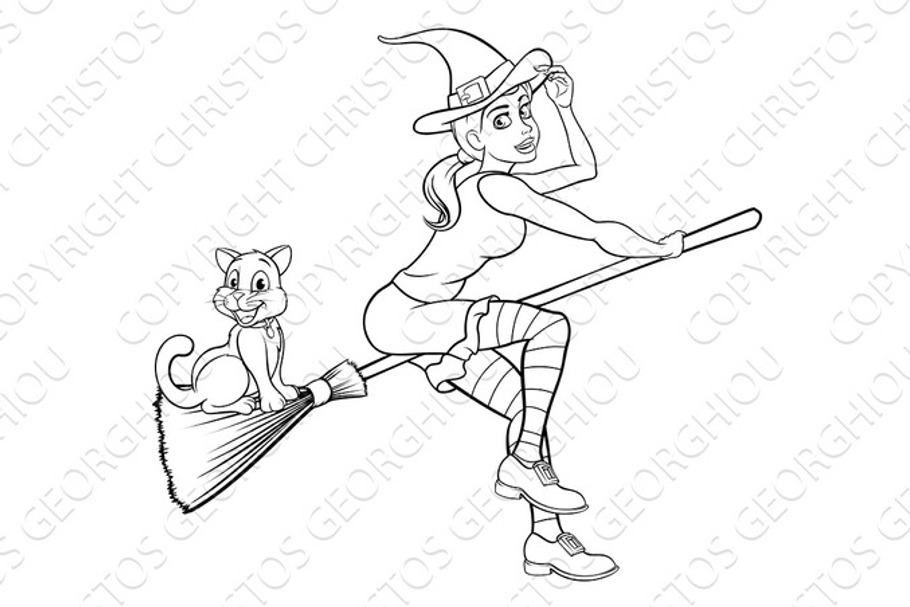 Halloween Witch and Cat Flying on Broomstick