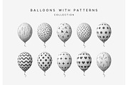 Set of white and black balloons isolated on white background