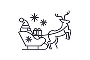 santa claus in a sleigh with a deer vector line icon, sign, illustration on background, editable strokes