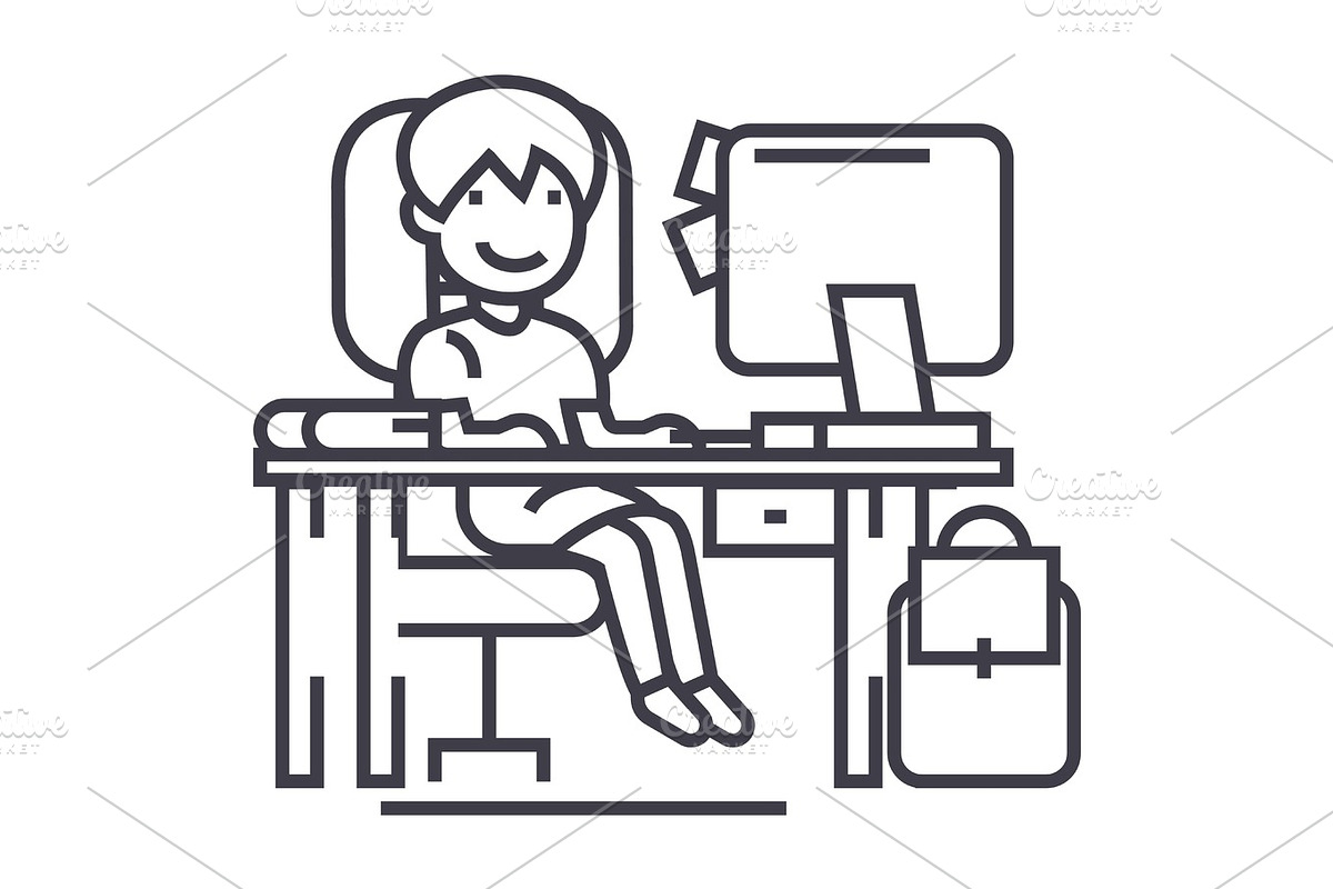 school girl on the table with computer, book and backpack vector line icon, sign, illustration on background, editable strokes in Objects - product preview 8