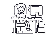 school girl on the table with computer, book and backpack vector line icon, sign, illustration on background, editable strokes