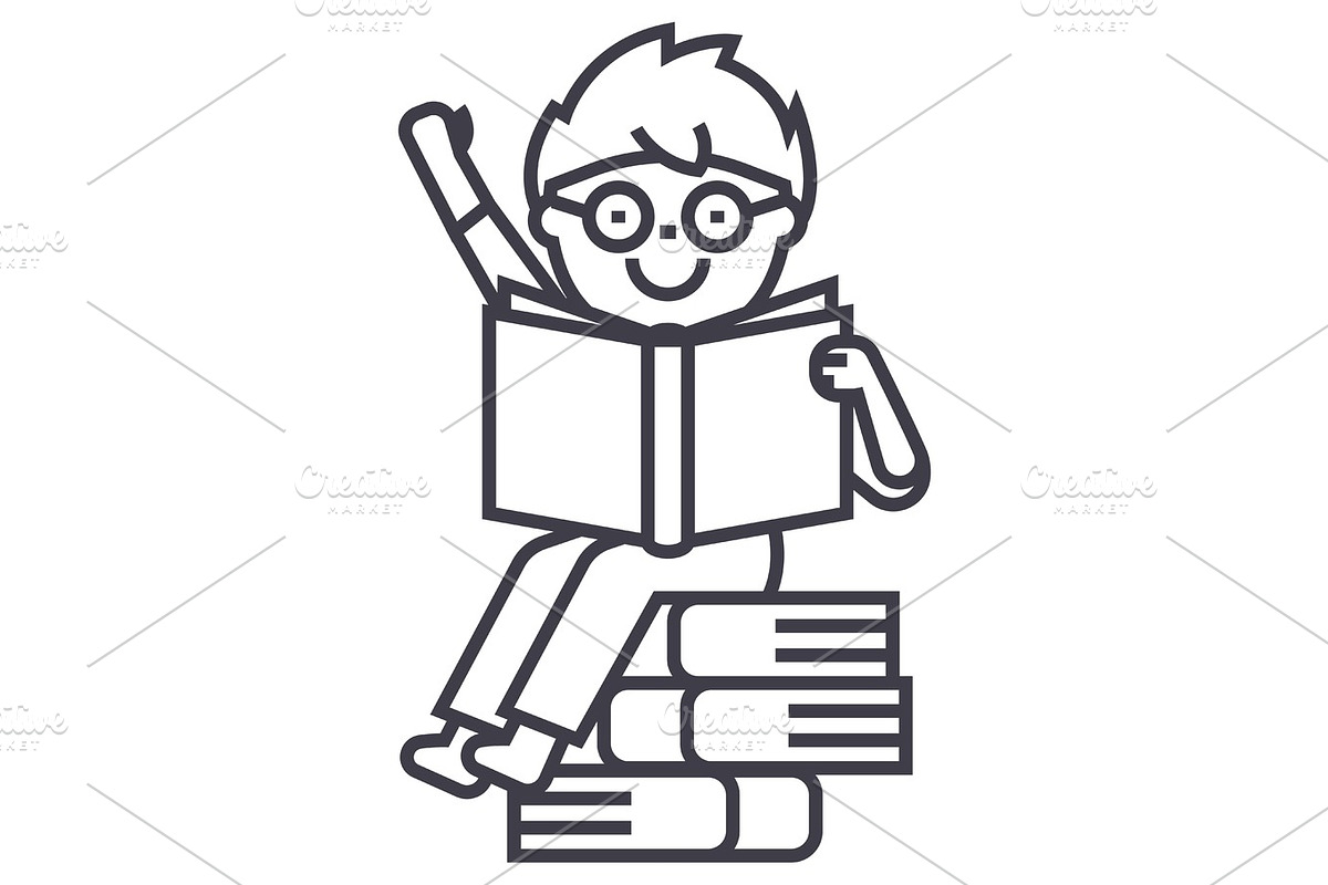 sitting boy reads book vector line icon, sign, illustration on background, editable strokes in Objects - product preview 8