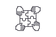 puzzle with four hands,partnership vector line icon, sign, illustration on background, editable strokes