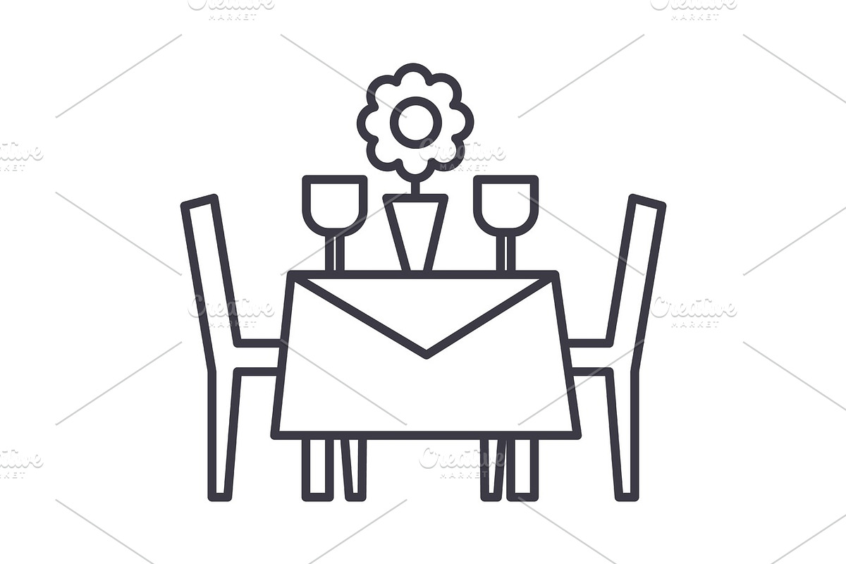 restaurant table with chairs vector line icon, sign, illustration on background, editable strokes in Objects - product preview 8