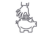 hand put coin in pig bank vector line icon, sign, illustration on background, editable strokes