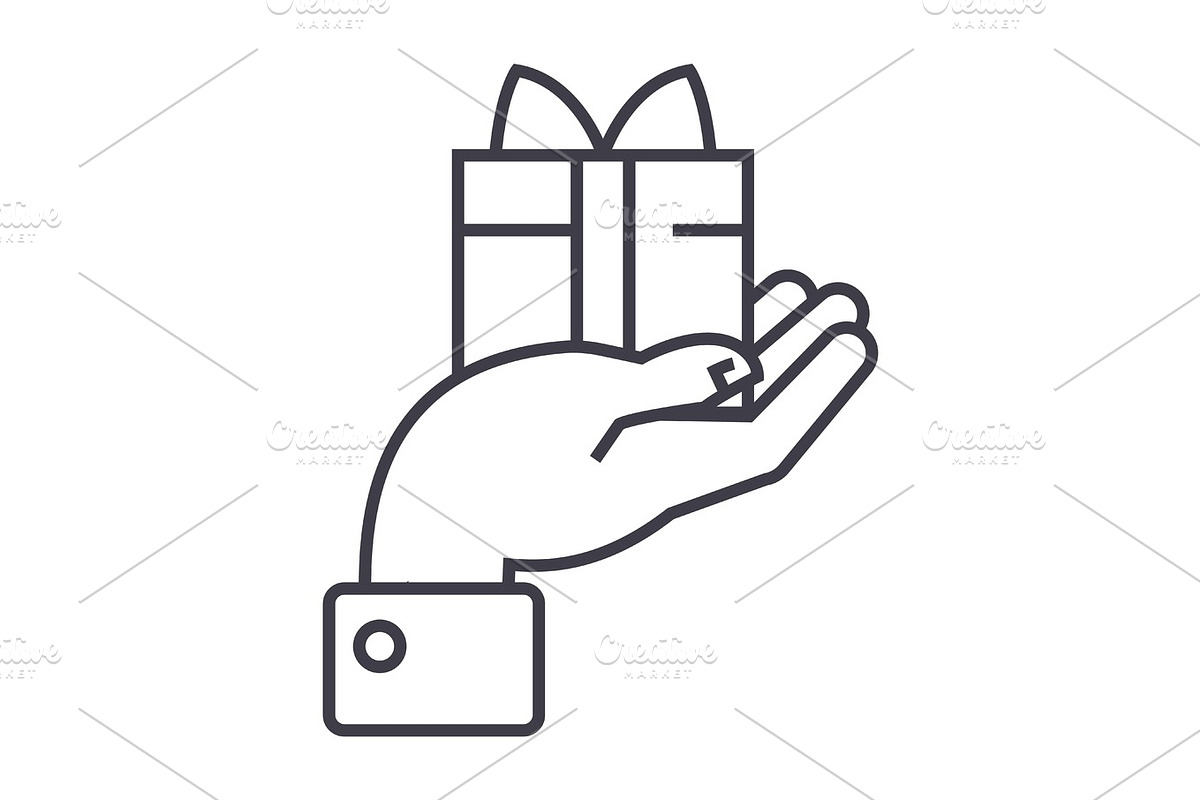 hand with gift vector line icon, sign, illustration on background, editable strokes in Graphics - product preview 8