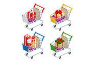 Food basket DISCOUNT or shopping cart with gifts and discounts. Shopping trolley with Big pile of colorful wrapped gift boxes isolated on white. Shopping at supermarket.