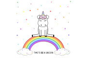 Cute  unicorn sits on colorful rainbow.  Graphics for t-shirts.