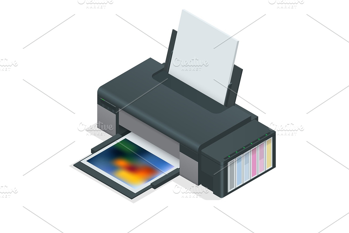 Photo inkjet printer. Color printer prints photo on white isolated background. Four empty refillable cartridges. in Illustrations - product preview 8
