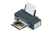 Photo inkjet printer. Color printer prints photo on white isolated background. Four empty refillable cartridges.