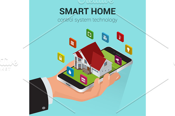 Flat design style modern vector illustration concept of smart home control technology system with centralized control of lighting, heating, ventilation and air conditioning, security and video