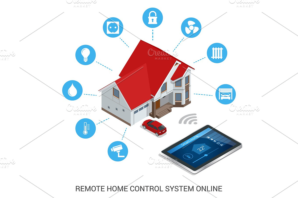 Flat design style modern vector illustration concept of smart home control technology system with centralized control of lighting, heating, ventilation and air conditioning, security and video in Illustrations - product preview 8