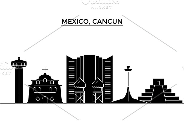 Mexico, Cancun architecture vector city skyline, travel cityscape with landmarks, buildings, isolated sights on background