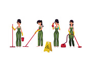 Cleaning service girl, charwoman with vacuum cleaner, mop and bucket