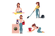 Woman, housewife doing chores - ironing, washing, vacuum cleaning, mopping floors