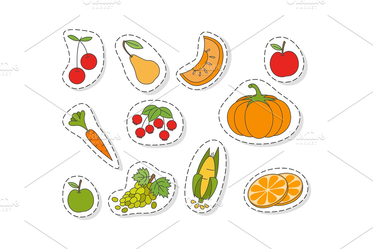 Fruits and Vegetables Flat Vector Stickers Set in Objects - product preview 8