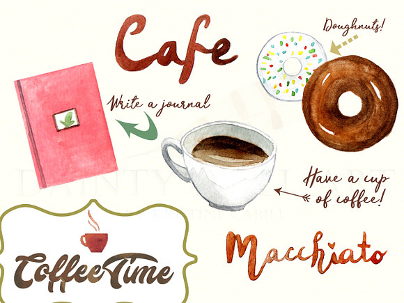 Watercolor Coffee Cafe Clipart in Illustrations - product preview 3
