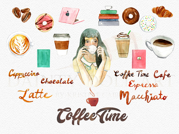 Watercolor Coffee Cafe Clipart in Illustrations - product preview 5