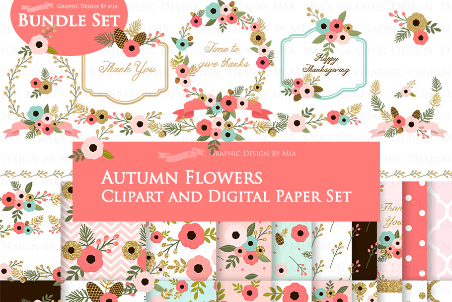 Autumn Flowers Clipart+Pattern set
