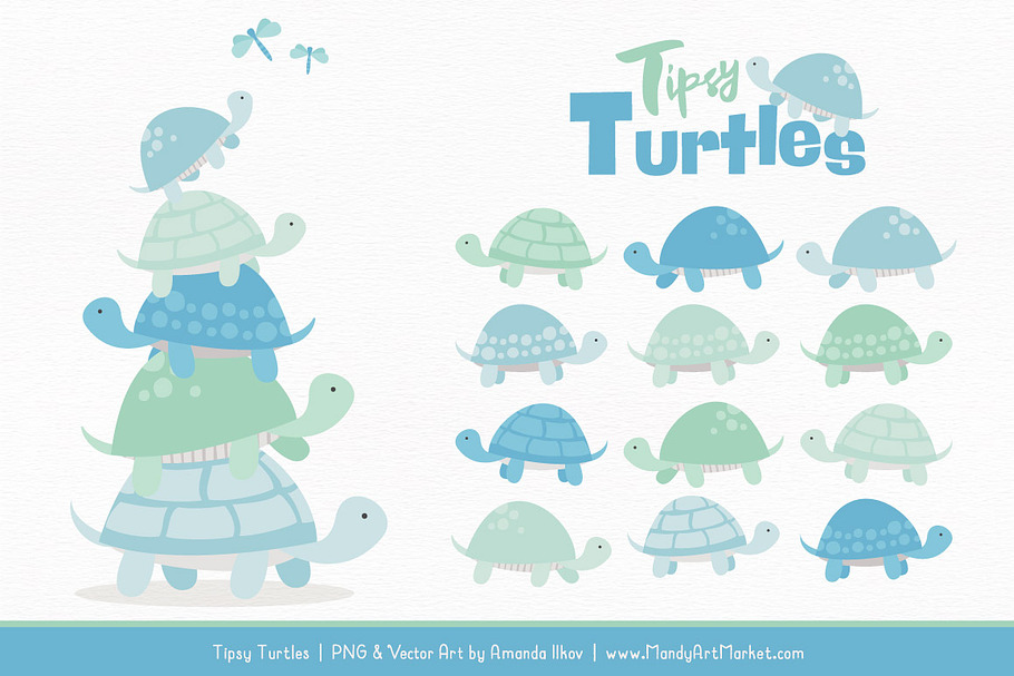 Blue & Mint Turtle Stack Clipart