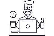 beard man working on table with notebook vector line icon, sign, illustration on background, editable strokes