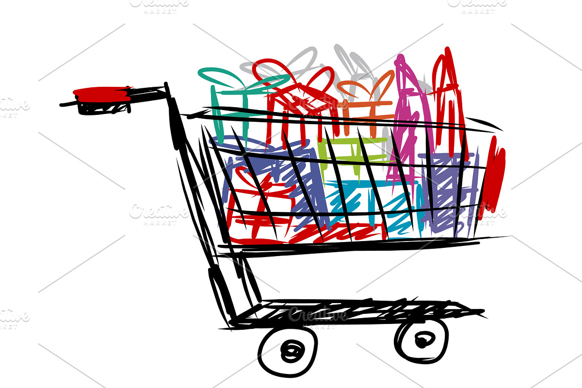 Shopping cart with gift box and bag in Illustrations - product preview 8