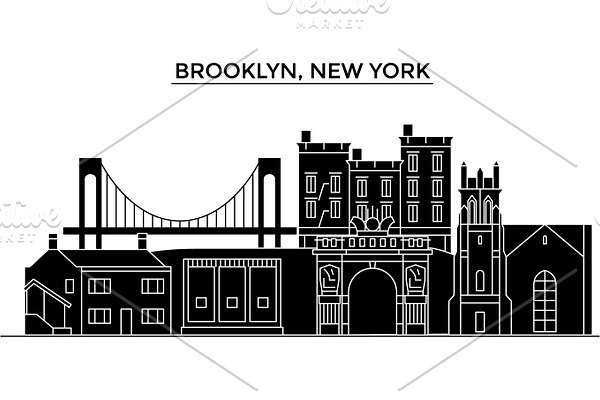 Usa, Brooklyn, New York architecture vector city skyline, travel cityscape with landmarks, buildings, isolated sights on background