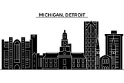 Usa, Michigan, Detroit architecture vector city skyline, travel cityscape with landmarks, buildings, isolated sights on background
