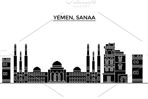 Yemen, Sanaa architecture vector city skyline, travel cityscape with landmarks, buildings, isolated sights on background