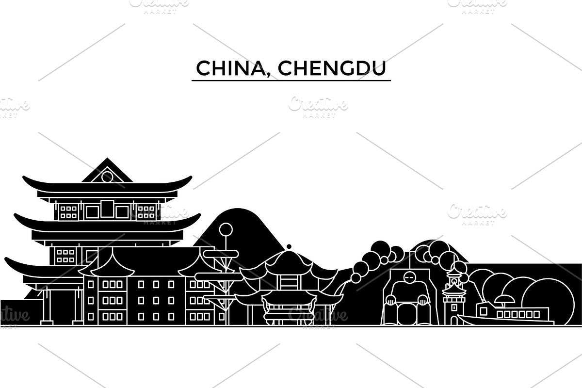 China, Chengdu architecture urban skyline with landmarks, cityscape, buildings, houses, ,vector city landscape, editable strokes in Illustrations - product preview 8