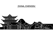 China, Chengdu architecture urban skyline with landmarks, cityscape, buildings, houses, ,vector city landscape, editable strokes