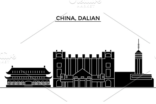 China, Dalian architecture urban skyline with landmarks, cityscape, buildings, houses, ,vector city landscape, editable strokes