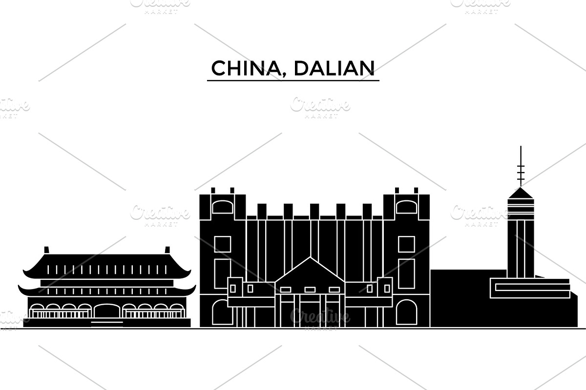China, Dalian architecture urban skyline with landmarks, cityscape, buildings, houses, ,vector city landscape, editable strokes in Illustrations - product preview 8