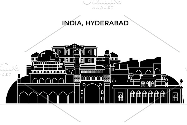 India, Hyderabad architecture urban skyline with landmarks, cityscape, buildings, houses, ,vector city landscape, editable strokes