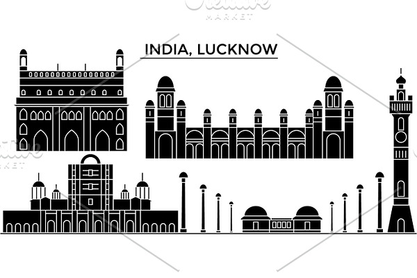 India, Lucknow architecture urban skyline with landmarks, cityscape, buildings, houses, ,vector city landscape, editable strokes