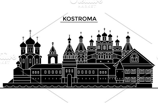 Russia, Kostroma architecture urban skyline with landmarks, cityscape, buildings, houses, ,vector city landscape, editable strokes