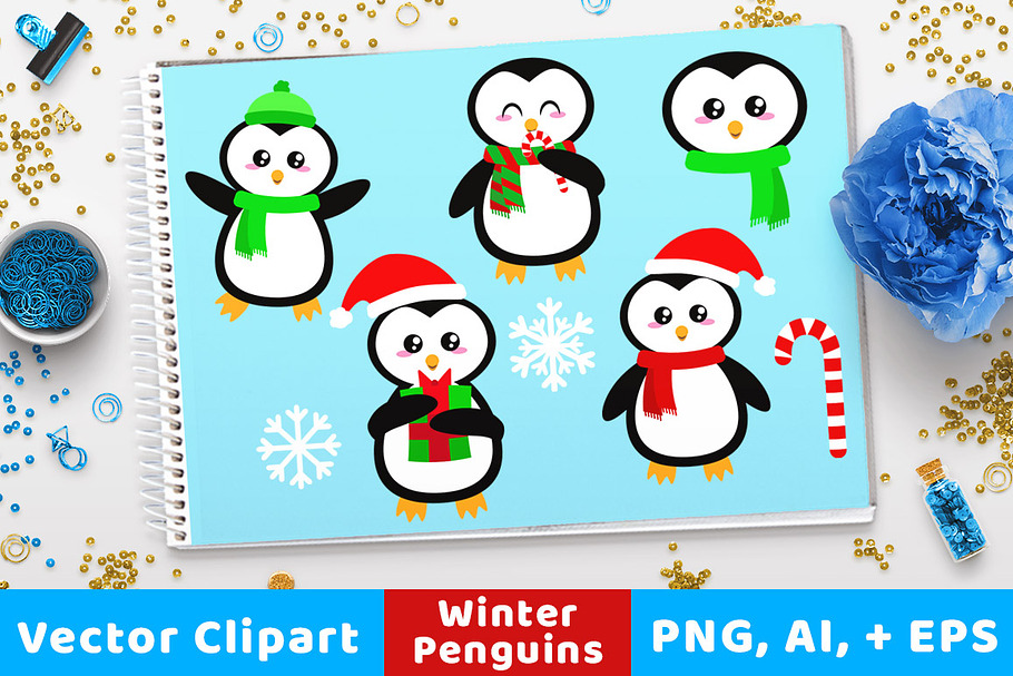 Holiday Penguins Clipart, Christmas in Illustrations - product preview 8