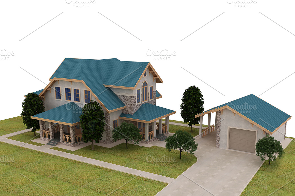 Render 3d cottage with a blue roof in Illustrations - product preview 8