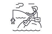 fishing man with rod vector line icon, sign, illustration on background, editable strokes